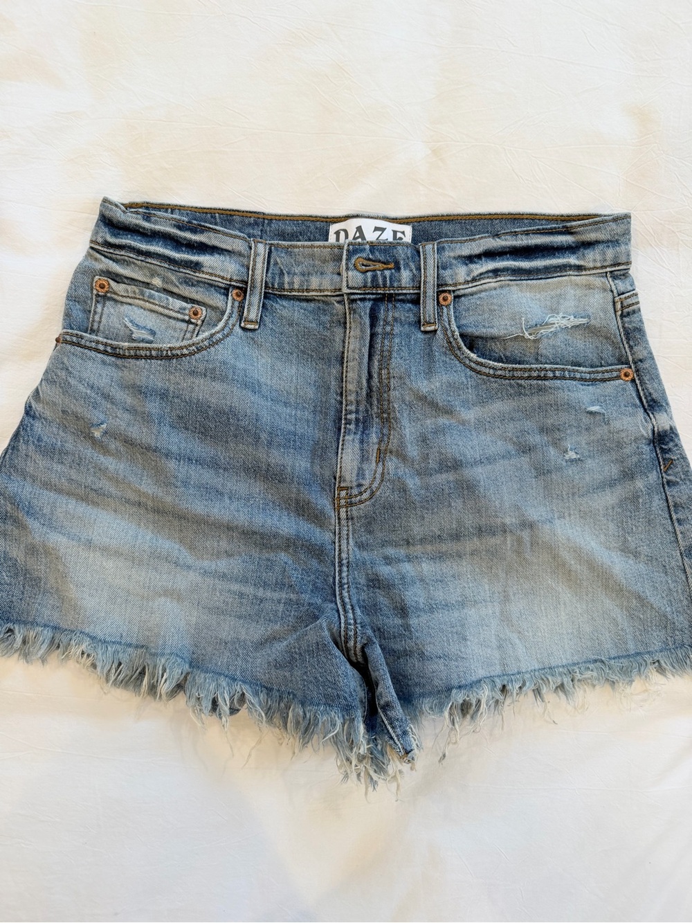 DAZE Light Blue High-Rise Frayed Hem Jean Shorts
